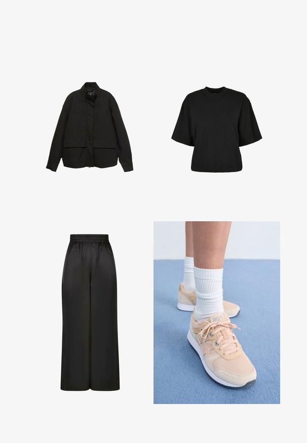 Crna jakna s visokim ovratnikom, prednjim zatvaračem i dva velika džepa s preklopom. Izrađena je od glatkog, laganog materijala s opuštenim krojem.; Crna skraćena majica od pamuka. Ima kratke rukave i okrugli izrez. Glatka tekstura s jednostavnim dizajnom, bez dodatnih uzoraka.; Crne široke hlače napravljene od glatkog, sjajnog materijala s elastičnim pojasom i bez vidljivih džepova ili metalnih detalja.; Svijetlosmeđi pažni tenisice s tekstilnim gornjim dijelom, bijelim gumena potplat, i dizajnom sa vezanjem. Uparene s rebrastim bijelim čarapama i postavljene na plavu površinu.