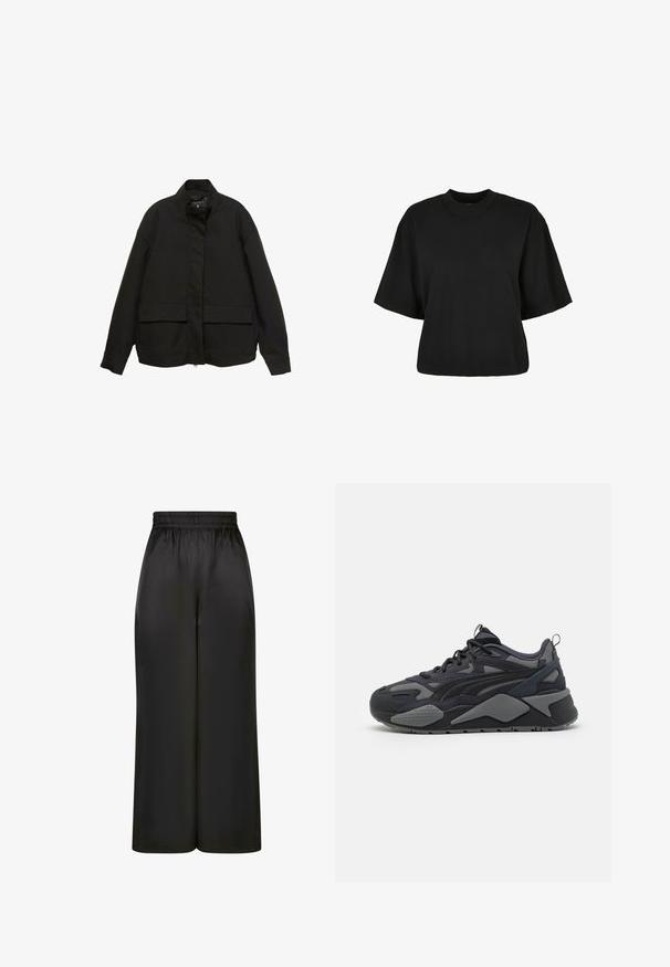 Mustan takki, jossa on korkea kaulus, etuvetoketju ja kaksi suurta läpällistä taskua. Valmistettu sileästä, kevyestä kankaasta, jossa on rento malli.; Mustat lyhyet hihattomat t-paidat, valmistettu puuvillasta. Siinä on lyhyt hihat ja pyöreä pääntie. Sileä rakenne yksinkertaisella muotoilulla, ilman ylimääräisiä kuvioita.; Mustat, leveät housut, jotka on valmistettu sileästä, kiiltävästä kankaasta, jossa on joustava vyötärö ja ei näkyviä taskuja tai metalliosia.; Mustat urheilukengät, joissa on verkkokangasta ja tekstiiliä yläosassa harmailla yksityiskohdilla, tukevat pohjat ja erottuvat muotoilulinjat.