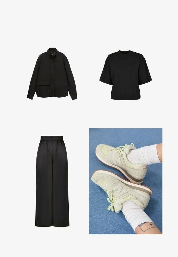 Svart jacka med hög krage, framzippering och två stora fickor med klaff. Tillverkad av ett mjukt, lätt tyg med en avslappnad passform.; Svart cropped t-shirt i bomull. Har korta ärmar och rund halsringning. Slät yta med en enkel design, utan ytterligare mönster.; Svarta vida byxor i slät, glänsande tyg med resårmidja och utan synliga fickor eller hårdvarudetaljer.; Ljusgröna New Balance-sneakers i texturerad mocka och mesh, med snörningsdesign och brun gummisula, vilande på blå matta.