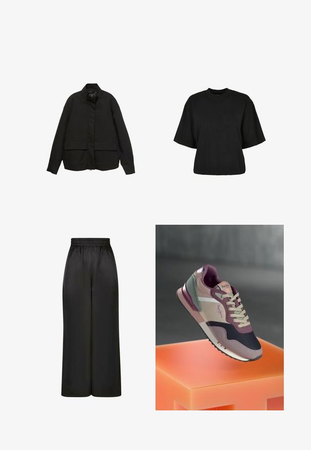 Czarna kurtka z wysokim kołnierzem, z przodu na zamek błyskawiczny i dwoma dużymi kieszeniami z klapami. Wykonana z gładkiego, lekkiego materiału o luźnym kroju.; Czarny krótki t-shirt wykonany z bawełny. Posiada krótkie rękawy i okrągły dekolt. Gładka tekstura z prostym wzornictwem, bez dodatkowych wzorów.; Czarne spodnie z szerokimi nogawkami, wykonane z gładkiego, błyszczącego materiału, z elastycznym pasem i bez widocznych kieszeni ani elementów metalowych.; Sneakers w mieszance mauve, różowych i granatowych odcieni; materiały tekstylne i skórzane; warstwowy design; wyraźne logo i teksturalne akcenty.