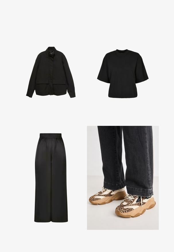 Veste noire avec col montant, fermeture éclair à l'avant et deux grandes poches à rabat. Fabriquée dans un tissu lisse et léger avec une coupe décontractée.; T-shirt noir court en coton. Doté de manches courtes et d'un col rond. Texture lisse avec un design simple, sans motifs supplémentaires.; Pantalons larges noirs en tissu lisse et brillant, avec une taille élastique et sans poches ni détails en métal visibles.; Baskets en imprimé léopard avec des panneaux en maille et en cuir, semelle en caoutchouc beige, et accents noirs contrastants. Portées avec un jean noir ample.