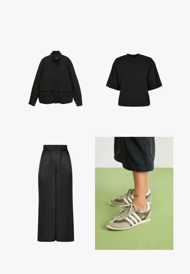 Czarna kurtka z wysokim kołnierzem, z przodu na zamek błyskawiczny i dwoma dużymi kieszeniami z klapami. Wykonana z gładkiego, lekkiego materiału o luźnym kroju.; Czarny krótki t-shirt wykonany z bawełny. Posiada krótkie rękawy i okrągły dekolt. Gładka tekstura z prostym wzornictwem, bez dodatkowych wzorów.; Czarne spodnie z szerokimi nogawkami, wykonane z gładkiego, błyszczącego materiału, z elastycznym pasem i bez widocznych kieszeni ani elementów metalowych.; Zielono-szare sneakersy z trzema białymi paskami, wykonane z zamszu i materiału siatkowego, niskoprofilowy design oraz metka z logo. Standardowa gumowa podeszwa.