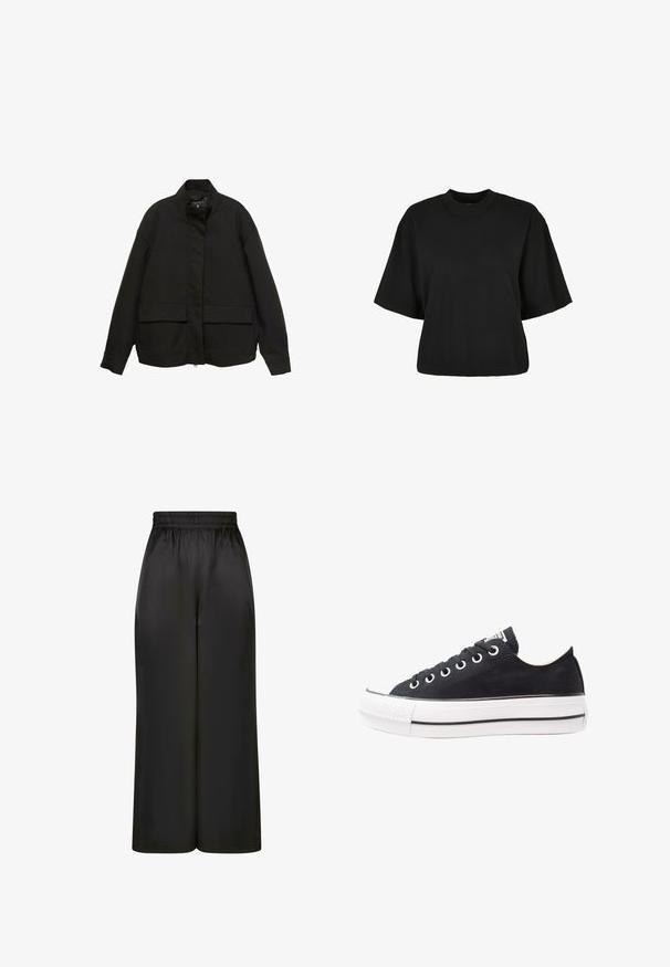 Crna jakna s visokim ovratnikom, prednjim zatvaračem i dva velika džepa s preklopom. Izrađena je od glatkog, laganog materijala s opuštenim krojem.; Crna skraćena majica od pamuka. Ima kratke rukave i okrugli izrez. Glatka tekstura s jednostavnim dizajnom, bez dodatnih uzoraka.; Crne široke hlače napravljene od glatkog, sjajnog materijala s elastičnim pojasom i bez vidljivih džepova ili metalnih detalja.; Crne platnene tenisice s bijelim gumenim potplatom, okruglim vrhom, niskim dizajnom, metalnim rupicama i teksturiranim vrhom. Tanka crna pruga uz potplat.
