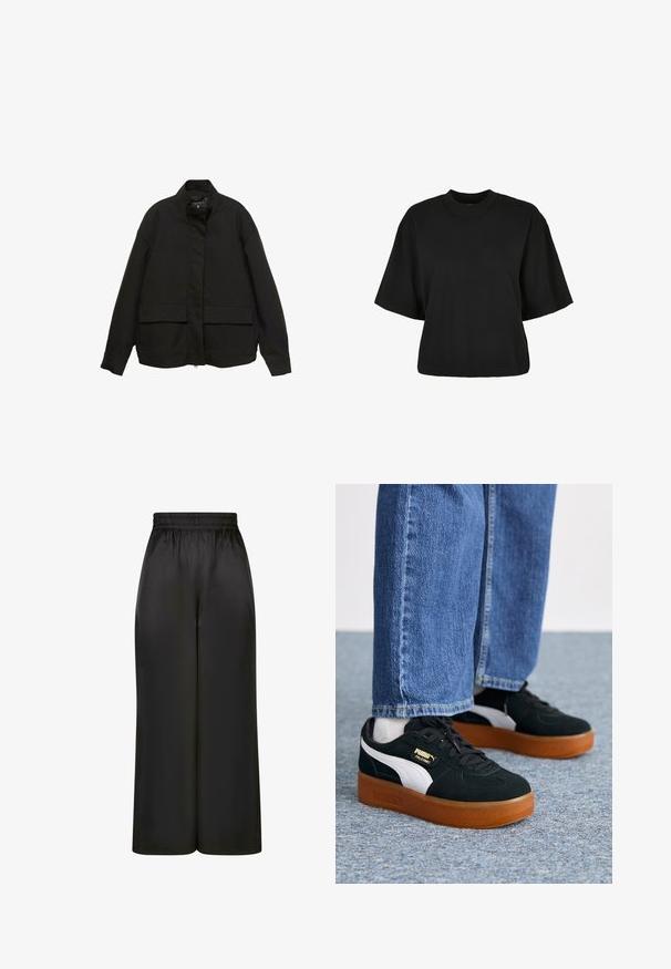 Crna jakna s visokim ovratnikom, prednjim zatvaračem i dva velika džepa s preklopom. Izrađena je od glatkog, laganog materijala s opuštenim krojem.; Crna skraćena majica od pamuka. Ima kratke rukave i okrugli izrez. Glatka tekstura s jednostavnim dizajnom, bez dodatnih uzoraka.; Crne široke hlače napravljene od glatkog, sjajnog materijala s elastičnim pojasom i bez vidljivih džepova ili metalnih detalja.; Crno-bijeli tenisice s zamšastom teksturom i gumiranim potplatom. Sadrže zlatni brend na strani i okrugle vezice, nošene s plavim trapericama.