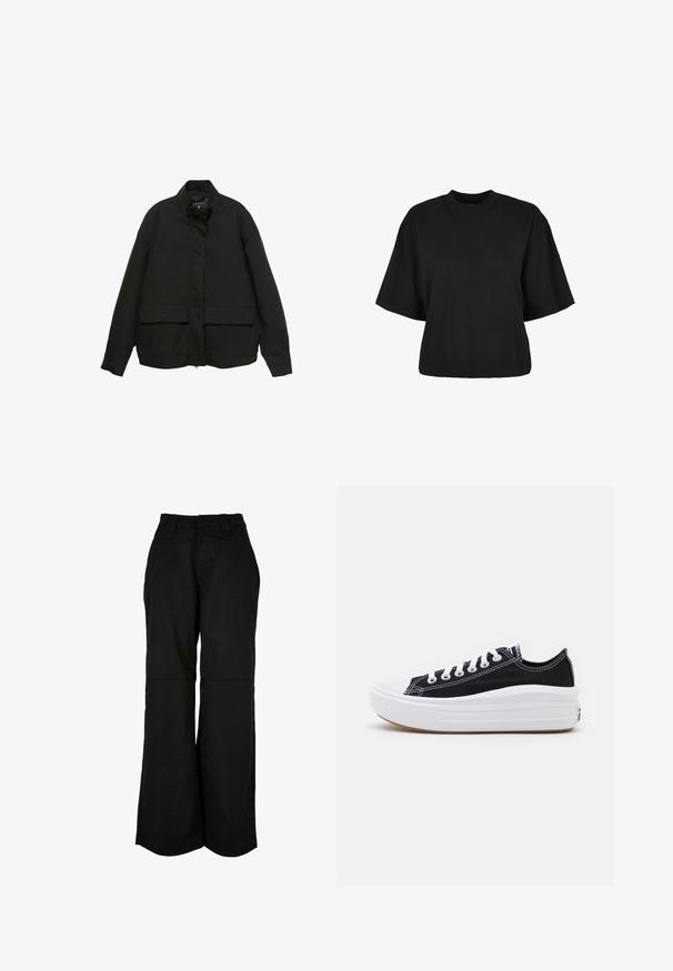 Černá bunda s vysokým límcem, předním zipem a dvěma velkými kapsami na klopy. Vyrobena z hladké, lehké látky s volným střihem.; Černé zkrácené tričko vyrobené z bavlny. Má krátké rukávy a kulatý výstřih. Hladký povrch s jednoduchým designem, bez dalších vzorů.; Černé kalhoty s širokými nohavicemi, které mají hladký povrch, dvě přední kapsy a bezešvý pás pro snadné nošení.; Černé plátěné tenisky s bílými tkaničkami, bílým gumovým špičkovým krytem a masivní bílou střední podrážkou. Mají jemné bílé švy a gumovou podešev.