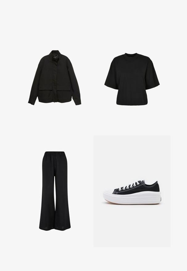 Svart jacka med hög krage, framzippering och två stora fickor med klaff. Tillverkad av ett mjukt, lätt tyg med en avslappnad passform.; Svart cropped t-shirt i bomull. Har korta ärmar och rund halsringning. Slät yta med en enkel design, utan ytterligare mönster.; Svarta vida byxor i lätt tyg. Har midjeband med elastisk resår och en golvlång, flödande design.; Svarta kanvas sneakers med vita snören, vit gummitå och en kraftig vit mellansula. Har subtila vita sömmar och en gummisula.