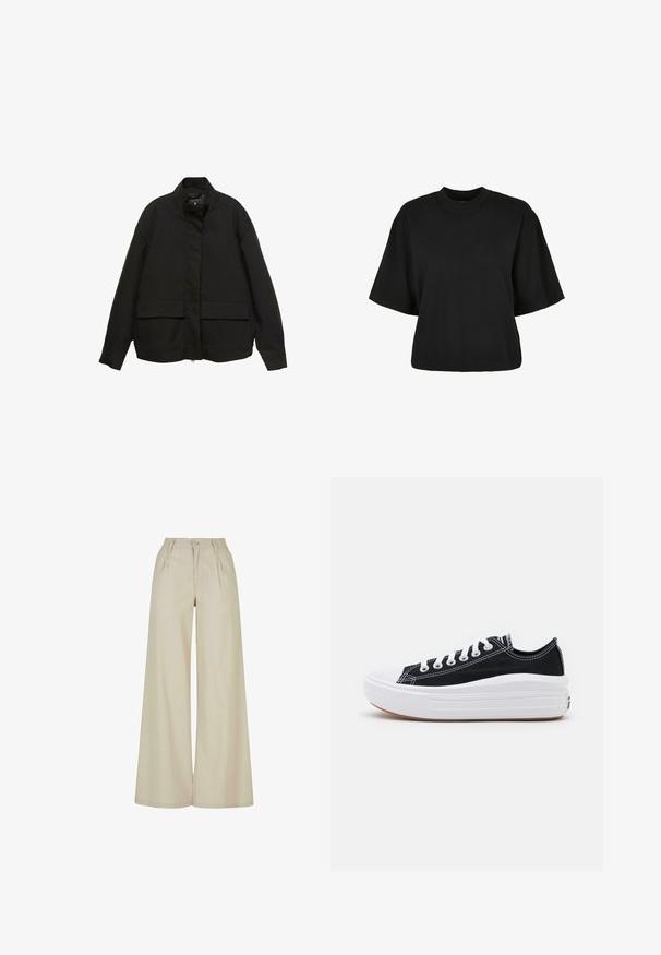 Jachetă neagră cu guler înalt, închidere cu fermoar frontal și două buzunare mari cu clapetă. Fabricată dintr-un material neted, ușor, cu o croială lejeră.; Tricou scurt, negru, din bumbac. Are mâneci scurte și un decolteu rotund. Textură netedă cu un design simplu, fără modele adiționale.; Pantaloni lejeri bej, din țesătură țesută, cu pliseuri frontale, închidere cu buton și o textură netedă. Margini drepte.; Adidași negri din pânză cu șireturi albe, vârf alb din cauciuc și o talpă medie groasă albă. Prezintă cusături subtile albe și o talpă din cauciuc.