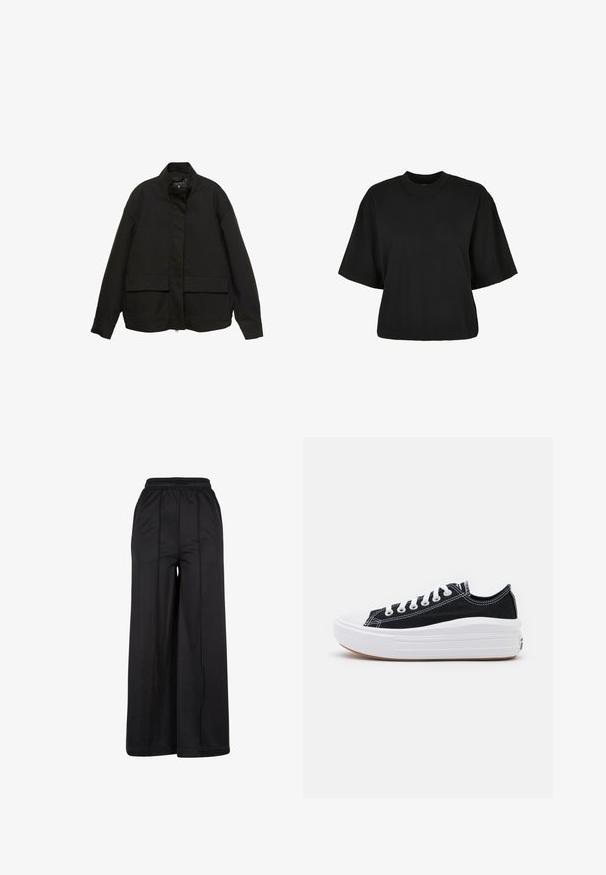 Čierna bunda s vysokým golierom, predným zipsom a dvoma veľkými vreckami na klopu. Vyrobená z hladkej, ľahkej tkaniny s voľným strihom.; Čierne skrátené tričko z bavlny. Disponuje krátkymi rukávmi a okrúhlym výstrihom. Hladká textúra s jednoduchým dizajnom, bez ďalších vzorov.; Čierne široké nohavice s elastickým pásom, hladkým materiálom a viditeľnými švovými detailmi. Majú voľný, splývavý strih.; Čierne plátenné tenisky s bielymi šnúrkami, bielym gumovým špičkovým krytom a robustnou bielou medzipodrážkou. Obsahujú jemné biele švy a gumenú podrážku.