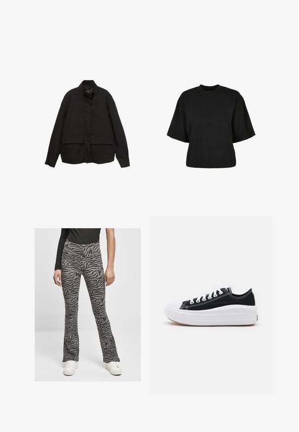 Czarna kurtka z wysokim kołnierzem, z przodu na zamek błyskawiczny i dwoma dużymi kieszeniami z klapami. Wykonana z gładkiego, lekkiego materiału o luźnym kroju.; Czarny krótki t-shirt wykonany z bawełny. Posiada krótkie rękawy i okrągły dekolt. Gładka tekstura z prostym wzornictwem, bez dodatkowych wzorów.; Rozszerzane spodnie z jasnoszarego materiału z czarnym wzorem zebry. Zaprojektowane z wysokim stanem, zestawione z białymi trampkami.; Czarne płócienne tenisówki z białymi sznurowadłami, białą gumową czapeczką na palcach i masywną białą podeszwą. Mają subtelne białe przeszycia i gumową podeszwę.