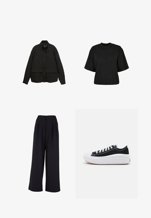 Zwarte jas met een hoge kraag, ritssluiting aan de voorkant en twee grote klepzakken. Gemaakt van een gladde, lichte stof met een relaxte pasvorm.; Zwart cropped t-shirt van katoen. Heeft korte mouwen en een ronde halslijn. Glad materiaal met een eenvoudig ontwerp, geen extra patronen.; Zwarte wijde broek van stof, met voorplooien, een knoopsluiting en een zachte textuur. Tailored design met een hoge taille.; Zwarte canvas sneakers met witte veters, een witte rubberen teenkap en een chunky witte tussenzool. Bevat subtiele witte stiksels en een gumzool.