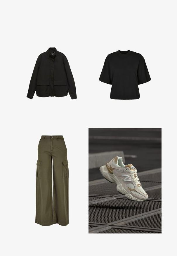 Jachetă neagră cu guler înalt, închidere cu fermoar frontal și două buzunare mari cu clapetă. Fabricată dintr-un material neted, ușor, cu o croială lejeră.; Tricou scurt, negru, din bumbac. Are mâneci scurte și un decolteu rotund. Textură netedă cu un design simplu, fără modele adiționale.; Pantaloni cargo de culoare verde măsliniu, cu picioare late, dotati cu două buzunare laterale, fabricați dintr-un material moale și durabil. Prezintă cusături detaliate și un închidere cu nasture.; Pantof sport crem și bej, realizat din materiale din plasă și piele intoarsă, cu un logo "N" proeminent, guler căptușit și talpă de cauciuc texturată, suspendat deasupra unei suprafețe grilaj.