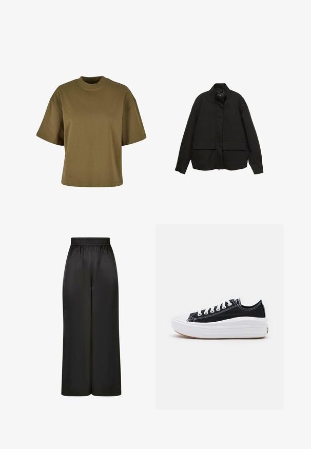 Giacca nera con colletto alto, chiusura frontale con zip e due ampie tasche a patta. Realizzata in un tessuto morbido e leggero con una vestibilità comoda.; T-shirt di cotone verde oliva con un colletto alto e arrotondato, maniche corte e una vestibilità ampia. Tessuto liscio, senza pattern o dettagli visibili.; Pantaloni neri a gamba larga realizzati in un tessuto liscio e lucido, con una vita elastica e senza tasche visibili o dettagli in metallo.; Sneaker nere in tela con lacci bianchi, punta in gomma bianca e una suola intermedia bianca e spessa. Presentano cuciture bianche sottili e una suola in gomma.