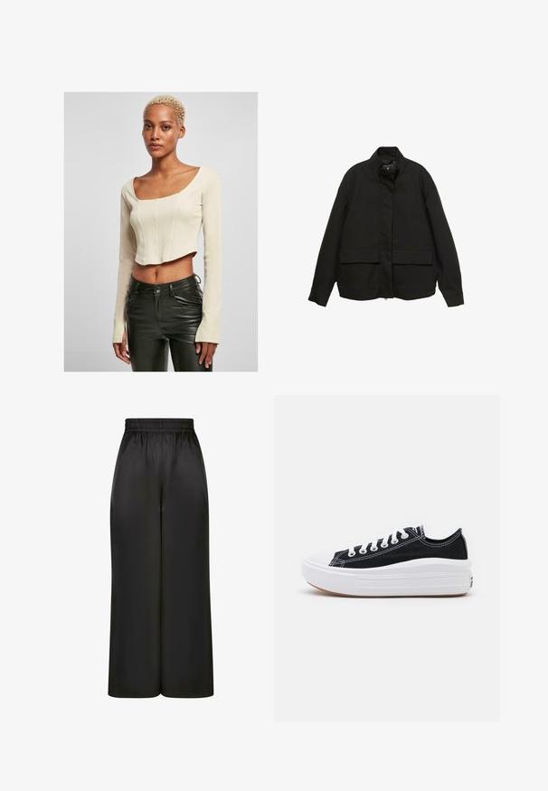 Jachetă neagră cu guler înalt, închidere cu fermoar frontal și două buzunare mari cu clapetă. Fabricată dintr-un material neted, ușor, cu o croială lejeră.; Top scurt cu mânecă lungă din țesătură ribbed bej, având un decolteu pătrat și un design ajustat. Asortat cu pantaloni din piele negri.; Pantaloni negri cu picioare largi, fabricați dintr-un material neted și lucios, cu un elastic la talie și fără buzunare vizibile sau detalii metalice.; Adidași negri din pânză cu șireturi albe, vârf alb din cauciuc și o talpă medie groasă albă. Prezintă cusături subtile albe și o talpă din cauciuc.