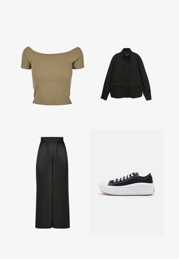 Črna jakna z visokim ovratnikom, sprednjim zadrgo in dvema velikima žepoma s poklopcem. Narejena iz gladkega, lahkega materiala s sproščenim krojem.; Maslena zelena kratka majica s rebrastim uzorkom i dizajnom bez ramena, koja ima prilagođen siluetu, s glatkom teksturom i urednim rubovima.; Črne široke hlače iz gladkega, sijočega materiala z elastičnim pasom in brez vidnih žepov ali kovinskih detajlov.; Črne platnene športne copate z belimi vezalkami, belim gumijastim prstnim zaščitnikom in masivnim belim srednjim podplatom. Imajo subtilne bele šive in gumijast podplat.
