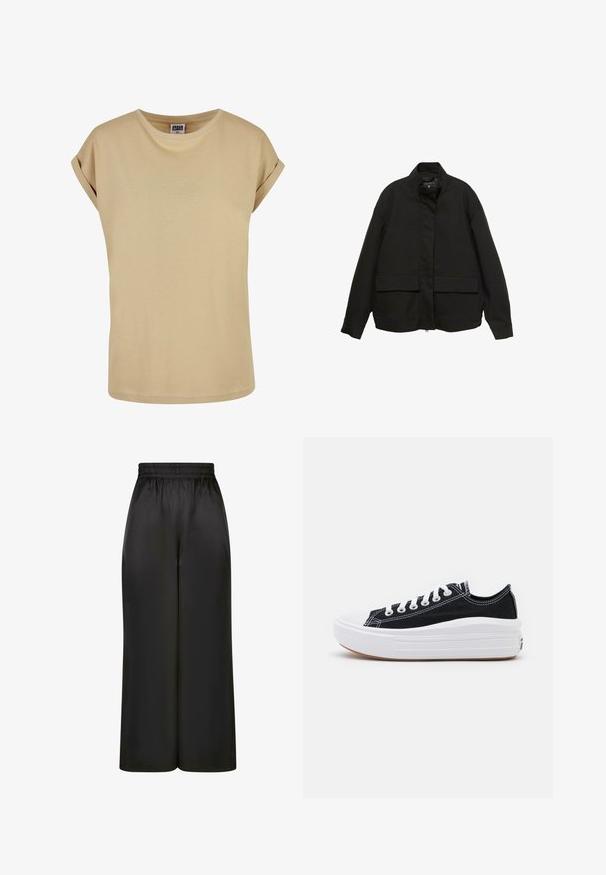 Sort jakke med høj krave, lynlås foran og to store klaplommer. Fremstillet af et glat, let stof med en afslappet pasform.; Beige kortærmet T-shirt med rund hals og opsmøgede ærmer. Lavet af blødt stof med en glat tekstur, prydet med diskrete sømdetaljer.; Sorte brede bukser lavet af glat, skinnende stof med elastisk talje og uden synlige lommer eller hardwaredetaljer.; Sorte kanvas sneakers med hvide snørebånd, hvid gummitåhætte og en kraftig hvid mellemsål. Har diskret hvid syning og en gummisål.