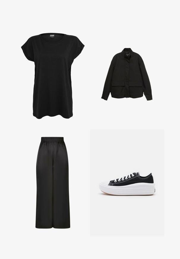 Zwarte jas met een hoge kraag, ritssluiting aan de voorkant en twee grote klepzakken. Gemaakt van een gladde, lichte stof met een relaxte pasvorm.; Zwarte katoenen t-shirt met korte mouwen, ronde halslijn en een ontspannen pasvorm. Heeft een label op de kraag. Glad textuur en eenvoudig ontwerp.; Zwarte wijde broek gemaakt van soepel, glanzend materiaal met een elastische tailleband en zonder zichtbare zakken of hardware-details.; Zwarte canvas sneakers met witte veters, een witte rubberen teenkap en een chunky witte tussenzool. Bevat subtiele witte stiksels en een gumzool.