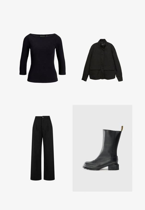 Fekete dzseki magas gallérral, elöl cipzárral és két nagy fedeles zsebbel. Simító, könnyű anyagból készült, laza szabású.; Fekete bordázott felső, csónakn szabású nyakkal és háromnegyedes ujjakkal, rugalmas anyagból készült, testhezálló fazon és sima textúra jellemzi.; Fekete, széles lábú nadrág elülső rakással, gombos záródással és sima felülettel. A dizájn magas derekú és hosszú lábú.; Fekete bőrből készült bokacsizma, blokk sarkú, sima textúrával, kerek orral és sarkán sárga márkajelzés található.