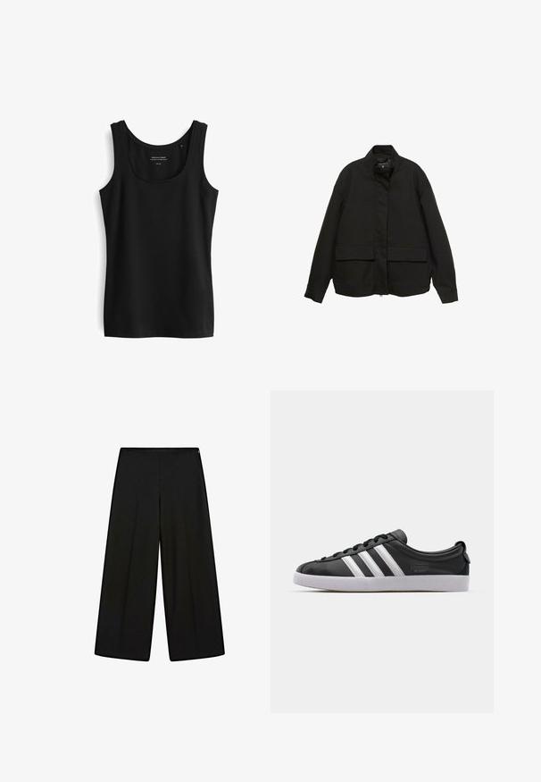 Black jacket with a high collar, front zip closure, and two large flap pockets. Made from a smooth, lightweight fabric with a relaxed fit.; Black sleeveless tank top with a rounded neckline. Made from smooth fabric with a simple design and no visible patterns or embellishments.; Black wide-leg trousers made of soft fabric, featuring a high waist and pleats, with a smooth texture and no visible embellishments.; Black leather sneaker with white three-stripe design, rounded toe, flat white rubber sole, and branded detail on the side.