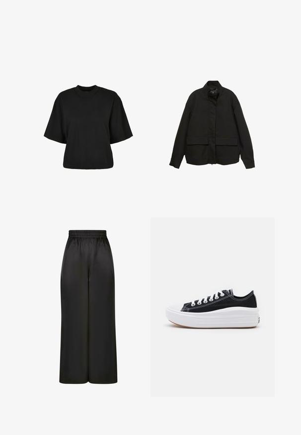 Fekete dzseki magas gallérral, elöl cipzárral és két nagy fedeles zsebbel. Simító, könnyű anyagból készült, laza szabású.; Fekete, rövid ujjú, pamut crop póló. Kerek nyakkivágással rendelkezik. Simára készült textúrája van, egyszerű dizájn, nincs rajta további minta.; Fekete, bő szárú nadrág, sima, fényes anyagból, rugalmas derékrésszel, látható zsebek vagy fém részletek nélkül.; Fekete vászon sportcipők fehér fűzővel, fehér gumi orral és vastag fehér középtalppal. Finom fehér varrással és gumi talppal rendelkezik.