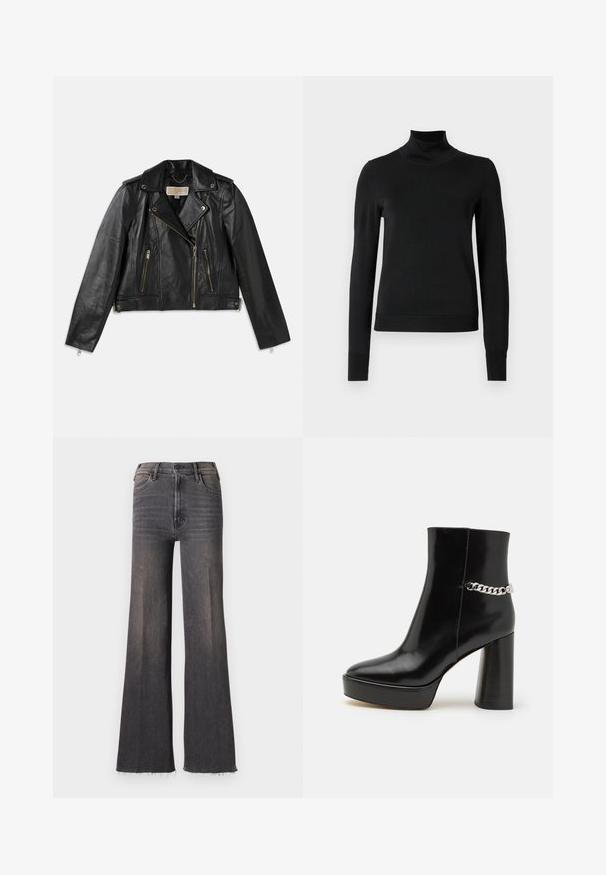 Schwarze Leder-Motorradjacke mit tailliertem Schnitt, asymmetrischem Frontreißverschluss, zwei vorderen Taschen und goldfarbigen Hardware-Akzenten.; Schwarzer Langarmrollkragenpullover mit gerippten Bündchen und Saum, auf einem schlichten weißen Hintergrund präsentiert.; Hochtaillierte, ausgeblichene schwarze Weitbeinjeans mit Knopfverschluss, Fronttaschen und rohen, ausgefransten Säumen.; Schwarze Lackleder-Ankle-Boots mit plattenförmigem Absatz und hohem Blockabsatz. Verfügt über einen silbernen Kettenakzent an der Seite. Glatte Textur.