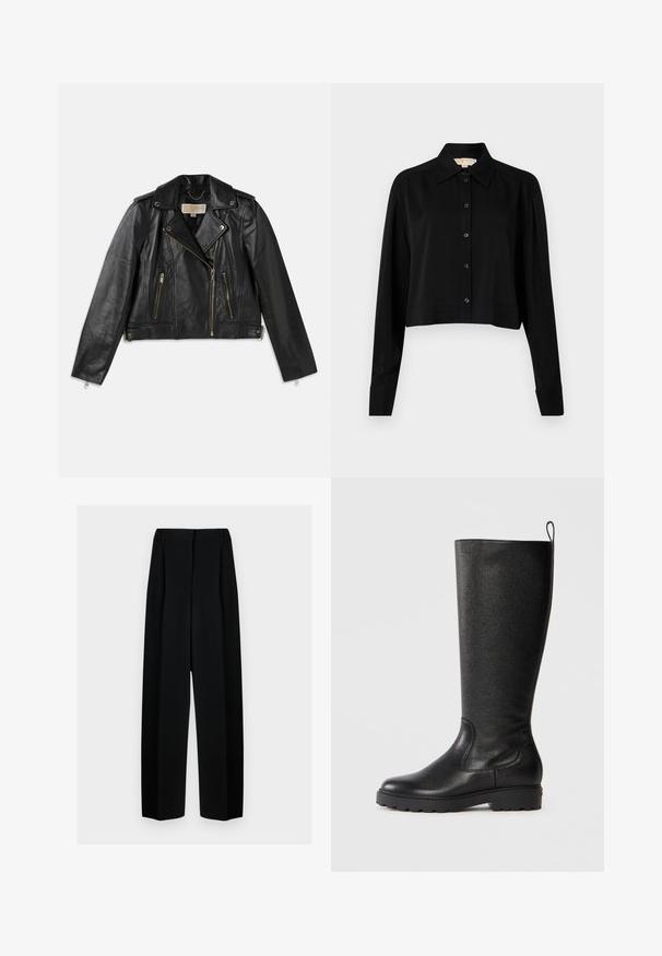 Melnas ādas motocikla jaka ar pieguļošu dizainu, asimetrisku priekšējo rāvējslēdzēju, divām priekšējām kabatām un zelta tonī vasaras aksesuāriem.; Melnas īsās piedurknes krekls ar garām piedurknēm, smailu apkakli un pogu aizdari. Izgatavots no gludas auduma ar brīvu piegriezumu un piedurkņu apakšām.; Melni plati bikses ar augstu jostasvietu, kas papildinātas ar pudiem un gludu tekstūru. Audums izskatās viegls un eleganti krīt.; Melni ceļa augstuma zābaki, izgatavoti no struktūrētas ādas, ar apaļu purngalu, izturīgu gumijas zoli ar protektoru un vilkšanas cilpu augšā.