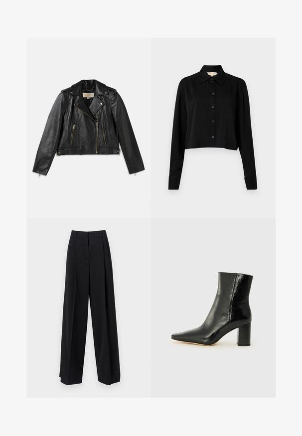 Fekete bőr motoros dzseki, mely testhez álló kialakítással, aszimmetrikus elülső cipzárral, két elülső zsebekkel és aranyszínű fém kiegészítőkkel rendelkezik.; Fekete, rövid fazonú ing hosszú ujjakkal, hegyes gallérral és gombos elejével. Simító anyagból készült, laza szabású és megkötött ujjaival.; WEEKEND MaxMara BAIOCCO - Nadrágok - black; Fekete bokacsizma fényes bőrből, hegyes orral és tömör, négyzet alakú sarokkal. Simácska textúrával és minimalista dizájnnal rendelkezik.