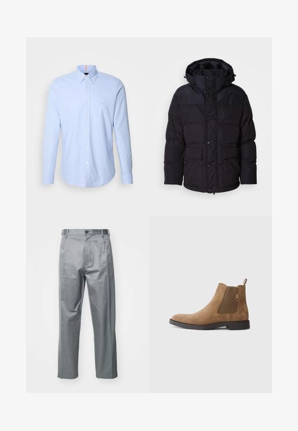 Musta puhvitakki huoodilla, jossa on vetoketju- ja napituskiinnitys, kaksi etutaskua ja tikkipinta.; Vaaleansininen pitkähihaine nappi-paitakangaasta, jossa on terävä kaulus, hienovarainen logon brodeeraus ja perinteiset nappiyksityiskohdat.; Harmaat puuvillasekoitetut housut, suoran lahkeen muotoilulla, joissa on etuvaihtoehto, vyölenkit ja sivutaskut.; Ruskeat mokkasaappaat Chelsea-tyyliin, joissa on joustavat sivupaneelit ja vetonauha. Ominaisuuksiin kuuluu pyöristetty kärki ja tasainen kumipohja vakauden takaamiseksi.