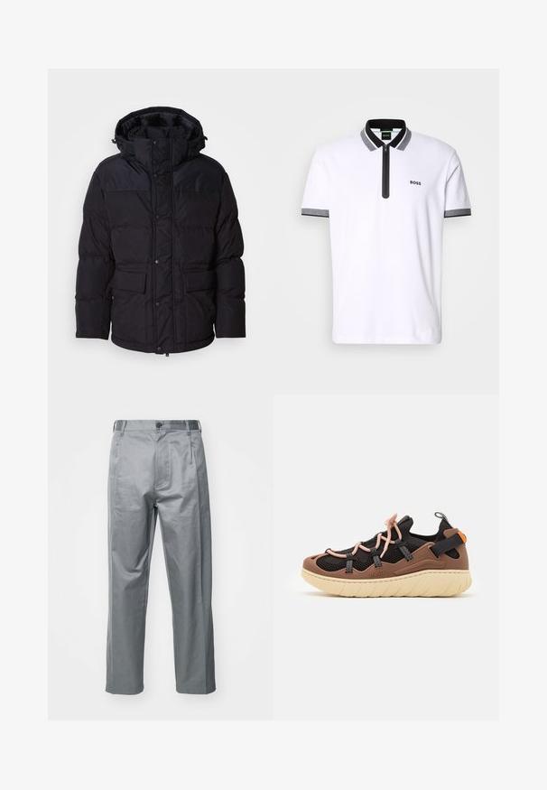 Must must-hall, millel kapuutsi, millel on tõmblukk ja nööbiga sulgemine, kaks esikotti ja tepitud tekstuur.; Valge polo särk musta ja halli krae ning varrasteservade ääristustega, tõmblukuga kaelus ja bordüüritud "BOSS" logo vasakul rinnal.; Hallitse hägatud puuvillasegused püksid, millel on sirge lõikega disain, ees nupuga kinnitus, vööde augud ja küljetaskud.; HUGO REEFLYN - Tossud - open brown