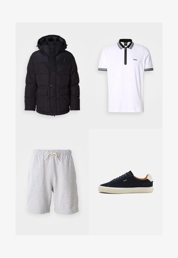 Giacca a vento nera con cappuccio, caratterizzata da chiusura con zip e bottoni a pressione, due tasche frontali e texture trapuntata.; Polo bianco con colletto e finiture delle maniche in nero e grigio, apertura con zip e logo ricamato "BOSS" sul lato sinistro del petto.; Pantaloni corti in cotone grigi con vita elastica e coulisse. Lunghezza fino a metà coscia, con cuciture laterali e texture morbida. Senza tasche o motivi visibili.; Sneakers bassi in suede blu navy con suola beige, interno in contrasto color cammello e dettaglio del logo sul lato esterno. Dotati di lacci tondi e texture liscia.