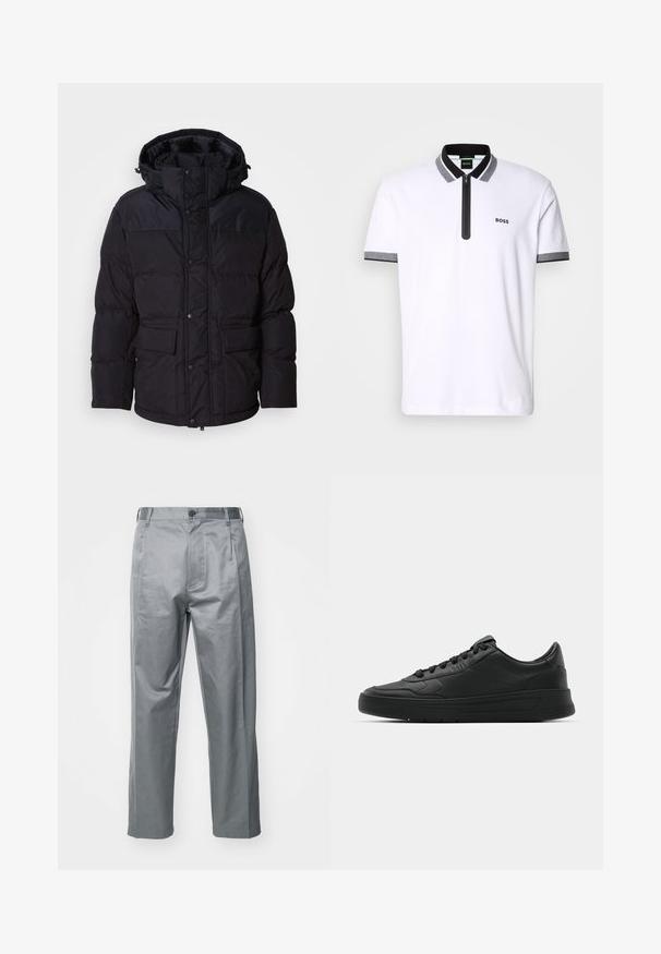 Black puffer jacket with a hood, featuring a zip and snap button closure, two front pockets, and quilted texture.; White polo shirt with black and gray collar and sleeve trims, zip placket, and embroidered "BOSS" logo on the left chest.; Gray cotton blend trousers with a straight-leg design, featuring a front button closure, belt loops, and side pockets.; Black sneaker with smooth leather upper, round toe, flat laces, cushioned collar, and minimalistic design. Rubber sole with subtle tread pattern.