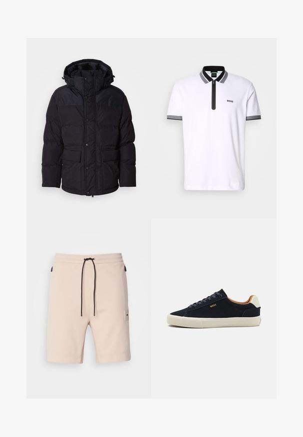 Juodas pūkinis džemperis su kapišonu, su užtrauktuku ir snapeliu, dviem priekinėmis kišenėmis ir siuvinėta tekstūra.; Balta polo marškinėliai su juoda ir pilka apykakle bei rankovių apdaila, užtrauktukas priekyje, išsiuvinėtas "BOSS" logotipas kairėje krūtinės pusėje.; Šviesiai smėliniai šortai su elastiniu juosmeniu, juodu raišteliu, dviem šoninėmis užtrauktukų kišenėmis ir mažu logotipu ant kairės kojos.; Tamsiai mėlynos suknelės odos žemi batai su smėlio spalvos padu, kontrastuojančia tan spalvos vidine dalimi ir logotipo detalėmis išorinėje pusėje. Savybės: apvalios raišteliai ir lygi tekstūra.