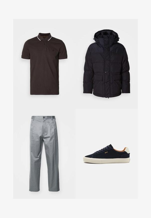 Black puffer jacket with a hood, featuring a zip and snap button closure, two front pockets, and quilted texture.; Dark brown polo shirt made of cotton, featuring a classic collar, two buttons, and white accents at the collar and sleeves. Small logo on chest.; Gray cotton blend trousers with a straight-leg design, featuring a front button closure, belt loops, and side pockets.; Navy suede low-top sneakers with beige sole, contrasting tan interior, and logo detail on the outer side. Features round laces and smooth texture.