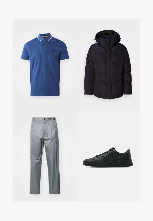 Zwarte pufferjack met een capuchon, voorzien van een ritssluiting en drukknoopsluiting, twee voorzakken en een gequiltde textuur.; Polo shirt in donkerblauw katoen, met een knoopsluiting met twee knopen, korte mouwen en witte accenten op de kraag en mouwzomen.; Grijze katoenen broek van een katoenmix met een recht model, voorzien van een knoopsluiting aan de voorkant, riemlussen en zijzakken.; Zwarte sneaker met een glad leren bovenwerk, ronde neus, platte veters, gewatteerde kraag en minimalistisch design. Rubberen zool met een subtiel profiel.