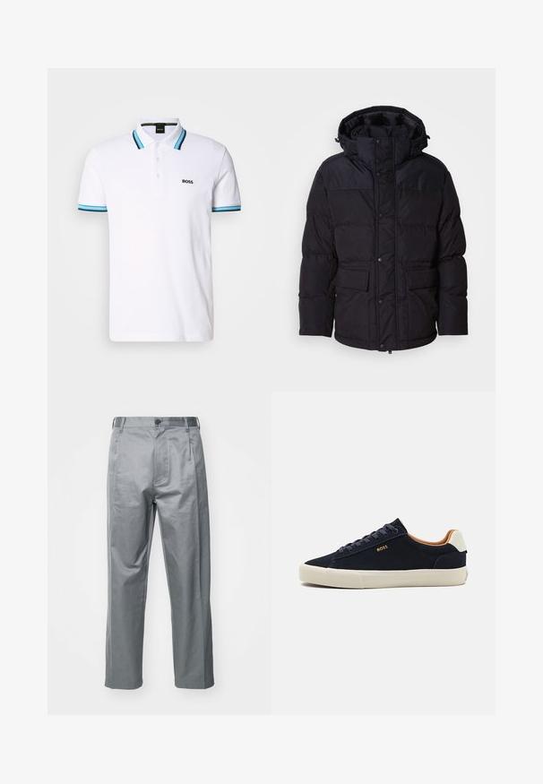 Čierna pufrová bunda s kapucňou, so zipsom a zapínaním na patentky, dvoma prednými vreckami a prešívanou textúrou.; Biela polo košeľa z bavlny, s dvojitým zapínaním na gombíky, modro-čierne pruhované akcenty na golieri a rukávoch, so značkou "BOSS".; Sivé nohavice z bavlneného zmesi s rovnými nohavicami, ktoré majú predné zapínanie na gombík, pútka na opasok a bočné vrecká.; Námornícke semišové nízke tenisky s béžovou podrážkou, kontrastným hnedým interiérom a logom na vonkajšej strane. Majú okrúhle šnúrky a hladkú textúru.