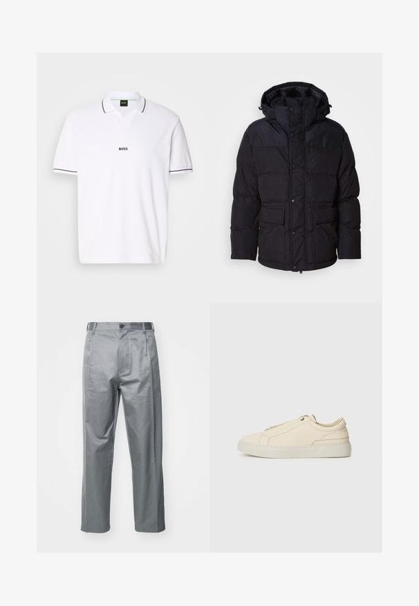 Čierna pufrová bunda s kapucňou, so zipsom a zapínaním na patentky, dvoma prednými vreckami a prešívanou textúrou.; Biely polo tričko vyrobené z textúrovanej tkaniny. Má výstrih do V, krátke rukávy a tmavosivé akcenty na golieriku a manžetách rukávov. Zobrazené logo "BOSS".; Sivé nohavice z bavlneného zmesi s rovnými nohavicami, ktoré majú predné zapínanie na gombík, pútka na opasok a bočné vrecká.; Beige kožené tenisky s okrúhlou špičkou, minimalistickým dizajnom, jemnými švy a textúrovaným povrchom, na svetlej podrážke.