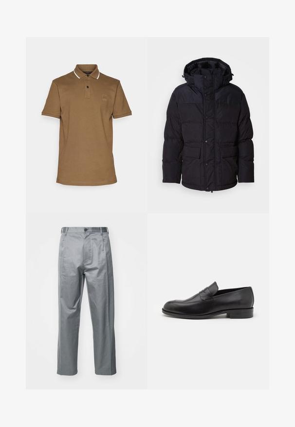 Doudoune noire avec capuche, dotée d'une fermeture à zip et à boutons-pression, de deux poches avant et d'une texture matelassée.; Polo shirt marron avec col, garniture blanche aux manches, patte de boutonnage à deux boutons et un petit logo brodé sur la poitrine. Tissu en mélange de coton.; Pantalons en mélange de coton gris à coupe droite, avec une fermeture à bouton sur le devant, des passants de ceinture et des poches latérales.; Mocassins en cuir noir avec un bout arrondi et de subtils détails de couture. Texture lisse et talon bas avec une marque à l'arrière.