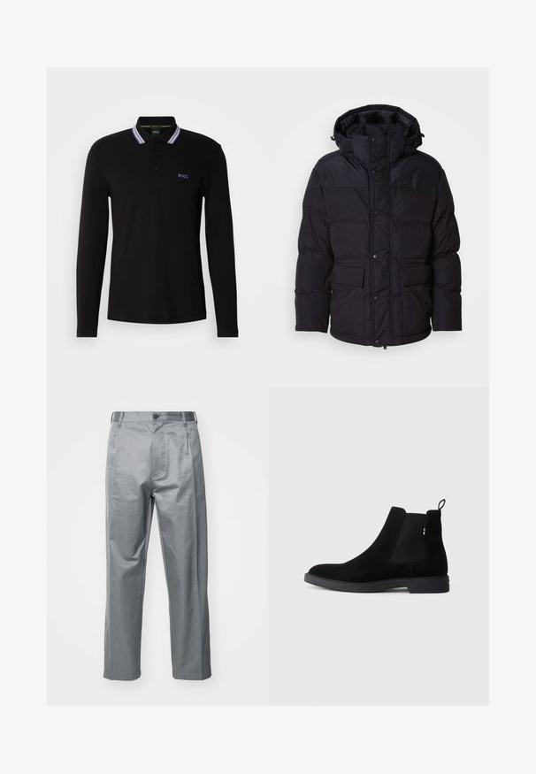 Svart pufferjacka med huva, med dragkedja och tryckknappsstängning, två framfickor och kviltad textur.; Svart långärmad polo t-shirt i bomull, med en flerfärgad randig krage och en liten lila logotyp på bröstet. Klassisk passform.; Grå bomullsblandning byxor med rak ben-design, med en framknappstängning, bältesslingor och sidofickor.; Svarta mocka Chelsea-boots med elastiska sidopaneler, rund tå och låg gummisula. Har en dragflik på baksidan för enkel påtagning.