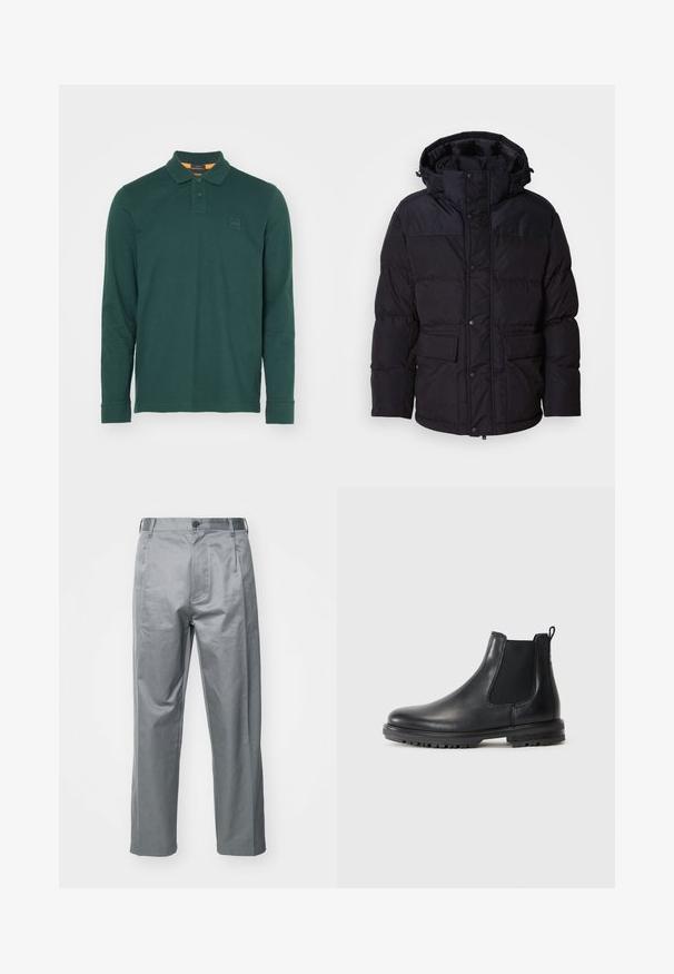 Musta puhvitakki huoodilla, jossa on vetoketju- ja napituskiinnitys, kaksi etutaskua ja tikkipinta.; Tumman vihreä pitkähihainen polo-paita puuvillasta, jossa on klassinen kaulus, kahden napin nappilista ja suorakulmainen logopainatus rinnassa.; Harmaat puuvillasekoitetut housut, suoran lahkeen muotoilulla, joissa on etuvaihtoehto, vyölenkit ja sivutaskut.; Musta nahkainen Chelsea-saapas, jossa on elastiset sivupaneelit, vetoketju, pyöreä kärki ja kestävä pohja, jossa on kulutuskestävät urat.