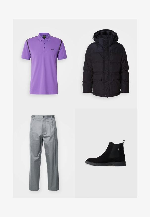 Μαύρο μπουφάν πούφ με κουκούλα, διαθέτοντας κλείσιμο με φερμουάρ και κουμπί σ snap, δύο μπροστινές τσέπες και υφή καπιτονέ.; Μωβ πόλο μπλούζα με κλασικό γιακά, τρία κουμπιά και μαύρες λεπτομέρειες κατά μήκος των ώμων. Φτιαγμένη από μαλακό, υφασμάτινο υλικό.; Γκρι βαμβακερό παντελόνι με ίσια γραμμή, διαθέτει μπροστινό κλείσιμο με κουμπί, θηλιές για ζώνη και πλαϊνές τσέπες.; Μαύρες σουέτ μπότες Chelsea με ελαστικές πλαϊνές πάνελ, στρογγυλή μύτη και χαμηλή ελαστική σόλα. Διαθέτουν θηλιά στο πίσω μέρος για εύκολη εφαρμογή.