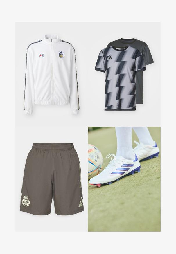 White zip-up jacket with stand collar, featuring blue and red embroidered logo, and patterned black side stripes on sleeves. Smooth texture.; Two short-sleeve T-shirts: one gray with subtle texture, the other featuring a black and white zigzag pattern, both with crew necklines.; Gray athletic shorts with an elastic waistband, light green side stripes, and a white Real Madrid logo on the left hem.; adidas Performance COPA PURE 2.0 ELITE FIRM GROUND - Firm-ground football boots - footwear white/lucid blue/solar red