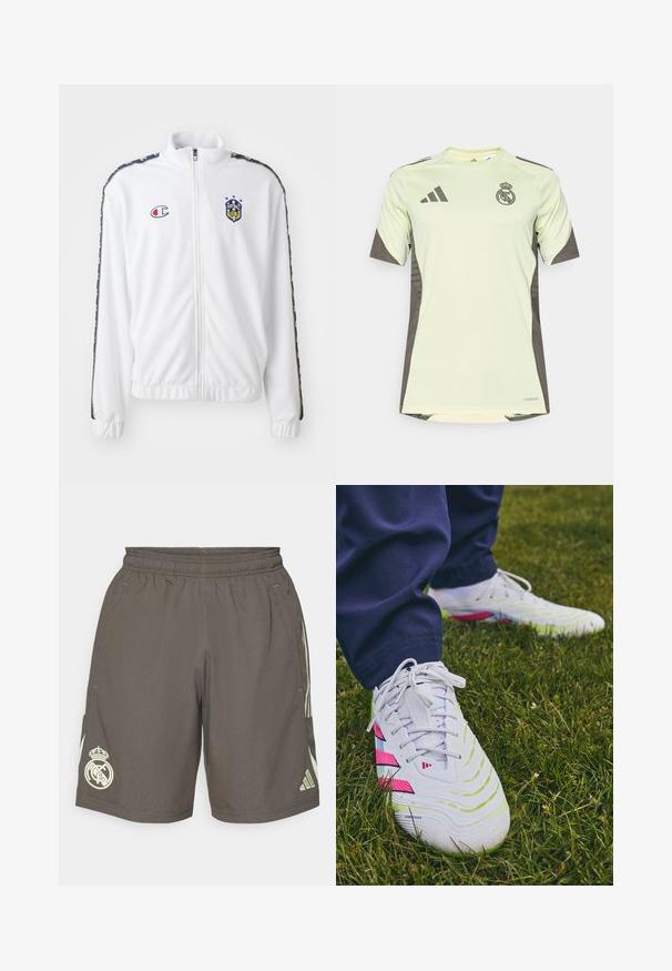 White zip-up jacket with stand collar, featuring blue and red embroidered logo, and patterned black side stripes on sleeves. Smooth texture.; Light green short-sleeve jersey with dark gray accents, featuring team logo on the chest, made from breathable material with moisture-wicking technology.; Gray athletic shorts with an elastic waistband, light green side stripes, and a white Real Madrid logo on the left hem.; White athletic shoes with textured surfaces, green and pink accents, and a distinctive sole pattern, set against grass.