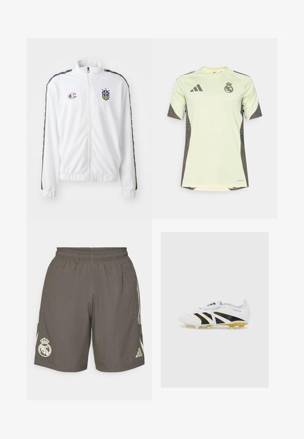 Giacca bianca con zip e colletto alto, caratterizzata da un logo ricamato blu e rosso e strisce laterali nere a motivi sulle maniche. Texture liscia.; Jersey verde chiaro a maniche corte con accenti grigio scuro, con logo della squadra sul petto, realizzato in materiale traspirante con tecnologia di assorbimento dell'umidità.; Pantaloni corti sportivi grigi con una cintura elastica, strisce laterali verde chiaro e un logo bianco del Real Madrid sull'orlo sinistro.; Scarpe da calcio bianche con accenti neri e dorati, dotate di tre strisce nere, tomaia testurizzata e tacchetti stampati per una maggiore trazione.