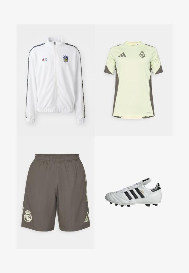 Hvit zip-up jakke med stående krage, med blå og rød brodert logo, og mønstrede svarte sidestreker på ermene. Glatt tekstur.; Lys grøn kortermet jersey med mørkegrå detaljer, prydet med lagets logo på brystet, laget av pustende materiale med fukttransporterende teknologi.; Grå treningsshorts med elastisk midje, lys grønne side-striper og en hvit Real Madrid-logo på venstre kant.; adidas Performance COPA MUNDIAL FOOTBALL BOOTS FIRM GROUND - Fotballsko til fast underlag - cloud white core black gold metallic