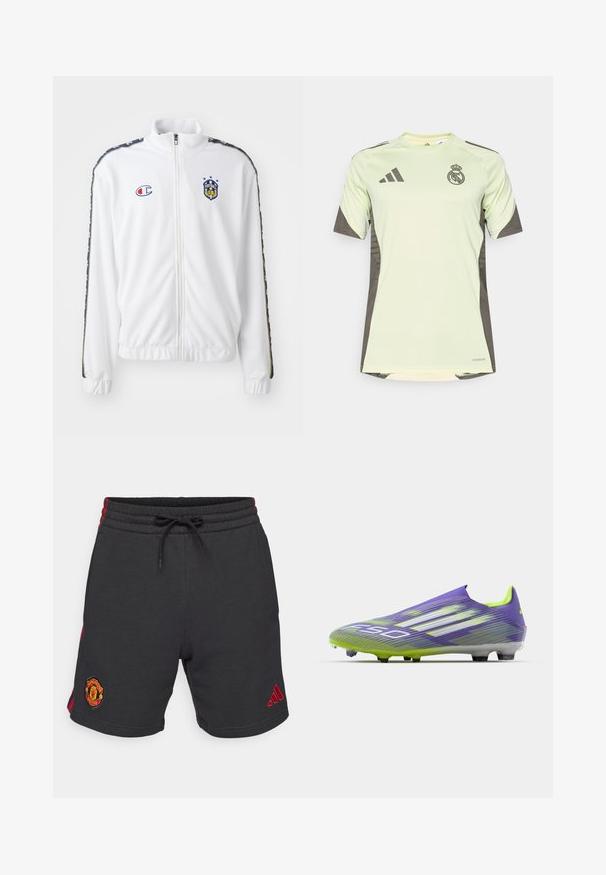 Valkoinen vetoketjullinen takki, jossa on pystykaulus, sininen ja punainen brodeerattu logo sekä kuvioidut mustat sivuraidat hihoissa. Sileä pinta.; Vaaleanvihreä lyhythihainen paita tummanharmailla yksityiskohdilla, jossa on joukkueen logo rinnassa, valmistettu hengittävästä materiaalista, jossa on kosteutta siirtävä teknologia.; Mustat hikitaskuhousut punaisilla sivuviivoilla. Ominaisuuksiin kuuluvat elastinen vyötärö, jossa on nauha ja brodeerattu Manchester Unitedin logo lahkeessa.; Jalkapallokengät purppuran ja vihreän sävyissä, joissa on virtaviivainen muotoilu, teksturoitu pinta nauhakuvioilla ja läpinäkyvä pohja.