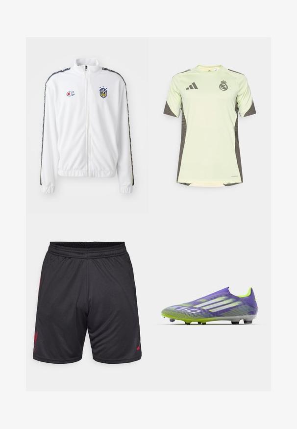 Jaqueta branca com fecho éclair e gola alta, apresentando um logótipo bordado em azul e vermelho, e riscas laterais pretas estampadas nas mangas. Textura suave.; Jersey verde claro de mangas curtas com detalhes em cinza escuro, apresentando o logótipo da equipa no peito, feito de material respirável com tecnologia de absorção de humidade.; Calções atléticos pretos com uma cintura elástica, apresentando um logo vermelho na lateral e um tecido liso e leve. Sem bolsos visíveis.; Chuteira de futebol em roxo e verde, apresentando um design aerodinâmico, parte superior texturizada com padrões em faixa e uma sola translúcida.