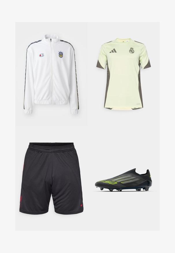 Valkoinen vetoketjullinen takki, jossa on pystykaulus, sininen ja punainen brodeerattu logo sekä kuvioidut mustat sivuraidat hihoissa. Sileä pinta.; Vaaleanvihreä lyhythihainen paita tummanharmailla yksityiskohdilla, jossa on joukkueen logo rinnassa, valmistettu hengittävästä materiaalista, jossa on kosteutta siirtävä teknologia.; Mustat urheilushortsit, joissa on joustava vyötärö, punaisella logolla sivulla ja sileä, kevyt kangas. Taskuja ei ole näkyvillä.; adidas Performance F50 ELITE LACELESS FIRM GROUND FOOTBALL BOOTS - Jalkapallokengät kiinteälle alustalle - core black/iron metallic/lucid lemon