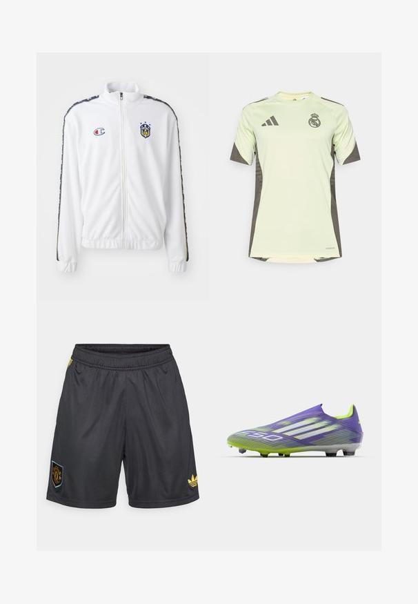 Hvit zip-up jakke med stående krage, med blå og rød brodert logo, og mønstrede svarte sidestreker på ermene. Glatt tekstur.; Lys grøn kortermet jersey med mørkegrå detaljer, prydet med lagets logo på brystet, laget av pustende materiale med fukttransporterende teknologi.; Sorte treningshorts laget av lett stoff, med et elastisk midjebånd, gyldne detaljer og en klubblogo på venstre side.; Fotballsko i lilla og grønn, med et strømlinjeformet design, teksturert overdel med stripe mønstre, og en gjennomsiktig såle.