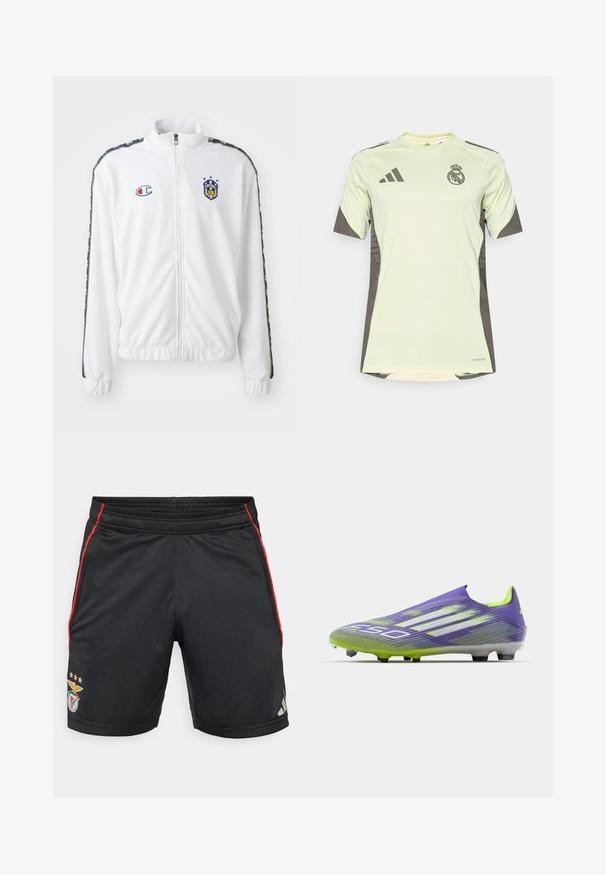 Baltas užtrauktuku užsegamas džemperis su stovinčia apykakle, su mėlynu ir raudonu siuvinėjimu, taip pat su raštuotomis juodomis šoninėmis juostelėmis ant rankovių. Lygus paviršius.; Šviesiai žalia trumpomis rankovėmis marškinėliai su tamsiai pilkomis detalėmis, su komandos logotipu ant krūtinės, pagaminti iš pralaidžios medžiagos su drėgmę šalinančia technologija.; Juodos sportinės šortai su raudonomis šoninėmis juostelėmis, elastingu juosmeniu, su komandos logotipu ir trimis auksinėmis žvaigždėmis. Pagaminti iš lygaus, kvėpuojančio audinio.; Futbolo batai violetinės ir žalios spalvos, su aerodinaminiu dizainu, tekstūruotu paviršiumi su juostelėmis ir permatomu padu.