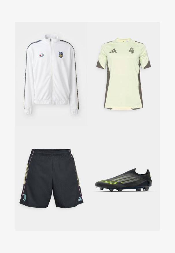 White zip-up jacket with stand collar, featuring blue and red embroidered logo, and patterned black side stripes on sleeves. Smooth texture.; Light green short-sleeve jersey with dark gray accents, featuring team logo on the chest, made from breathable material with moisture-wicking technology.; Black athletic shorts with an elastic waistband, featuring neon yellow side stripes and a teal logo, smooth texture, and standard fit.; adidas Performance F50 ELITE LACELESS FIRM GROUND FOOTBALL BOOTS - Firm-ground football boots - core black/iron metallic/lucid lemon