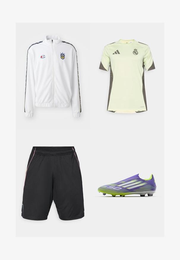 White zip-up jacket with stand collar, featuring blue and red embroidered logo, and patterned black side stripes on sleeves. Smooth texture.; Light green short-sleeve jersey with dark gray accents, featuring team logo on the chest, made from breathable material with moisture-wicking technology.; Black athletic shorts with an elastic waistband, featuring pink and yellow side accents and a small blue logo on the left hem.; Soccer cleat in purple and green, featuring a streamlined design, textured upper with stripe patterns, and a translucent sole.